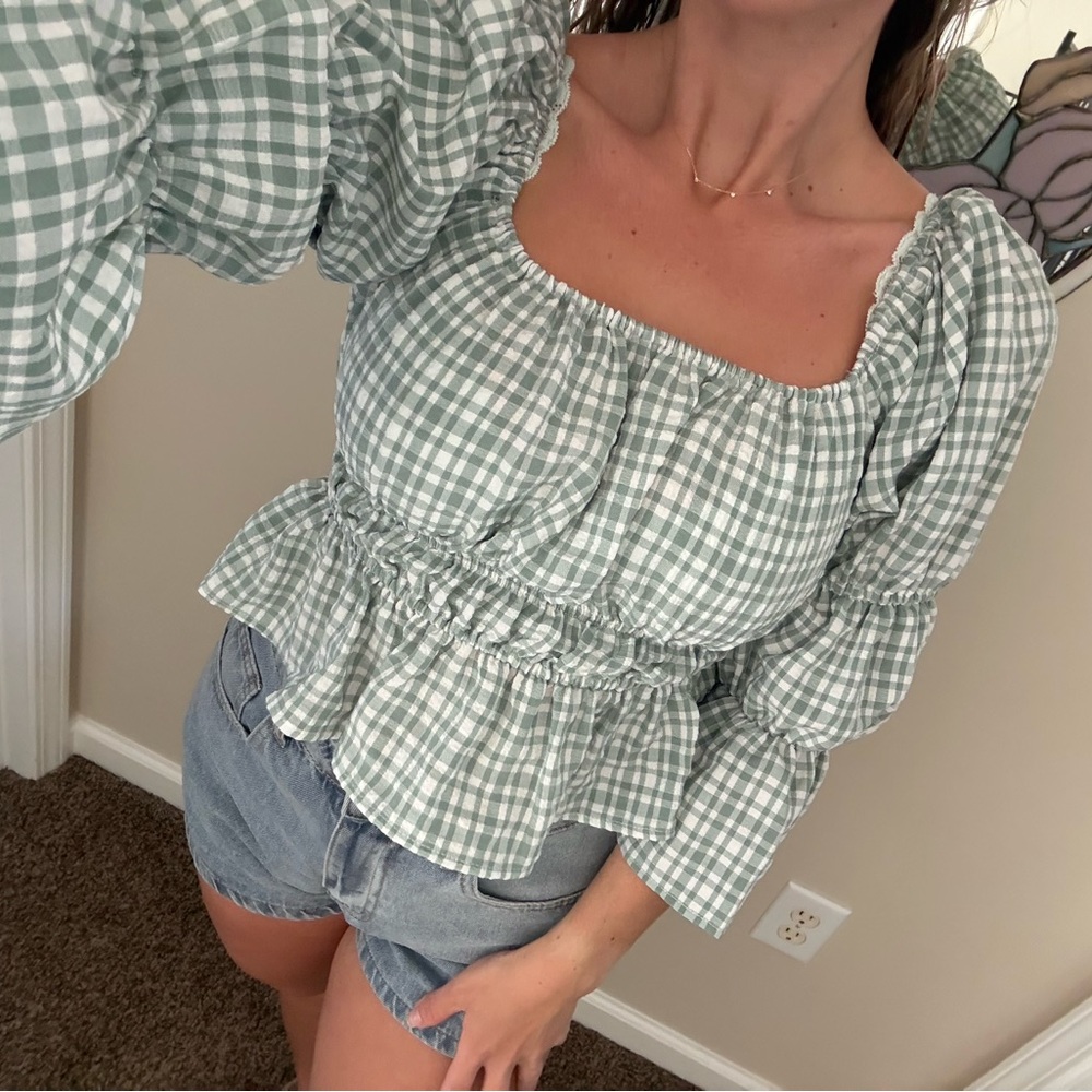 WAYF Sage Gingham Peplum Top